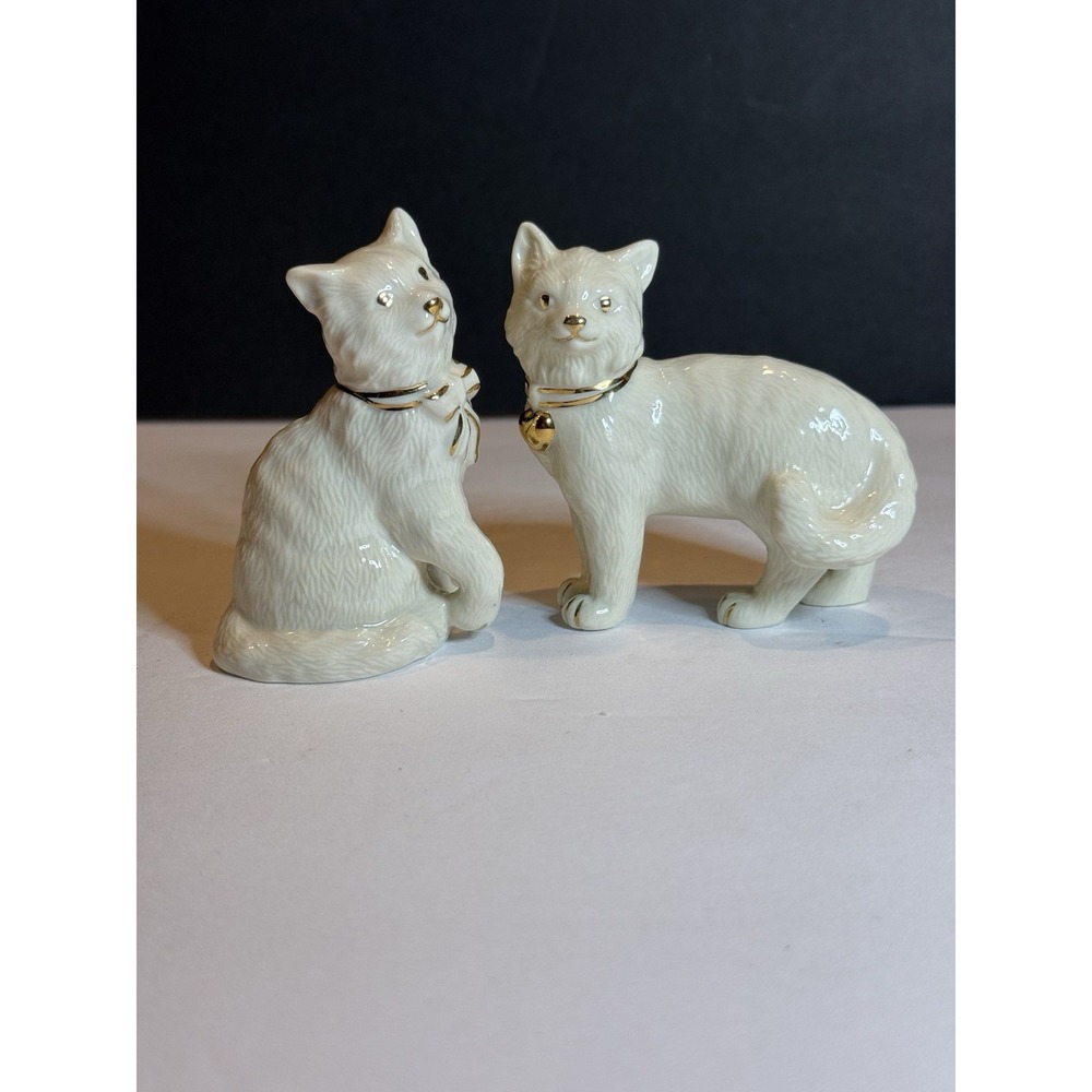 Lenox White Cat Figurines Set of 2 Gold Trim Handcrafted Thailand Vintage